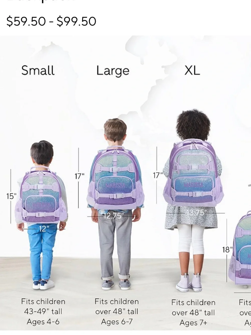 Kids Glitter Ombre Purple Backpack with Chest Straps